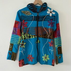 Vintage Rising International 100% Cotton Zip Hoodie M Jacket Blue Boho Patchwork